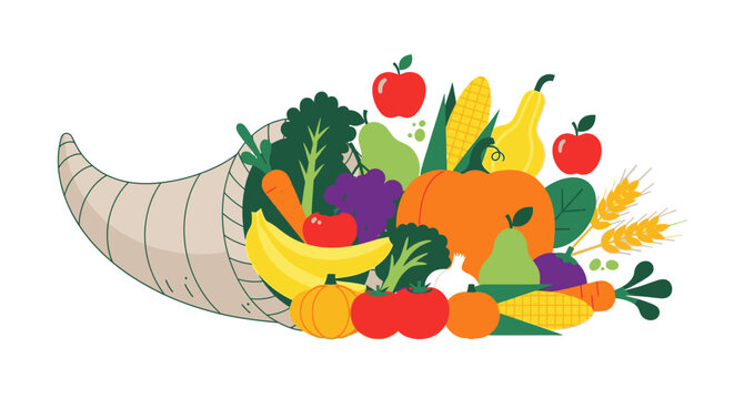 A colorful illustration of a cornucopia overflowing with various fruits and vegetables.