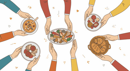 A diverse group of hands holding various dishes of food in a circular arrangement, symbolizing sharing and community.
