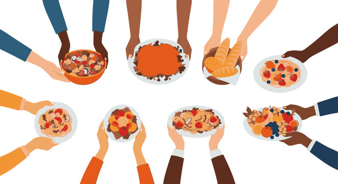 Diverse hands sharing various dishes in a communal meal setting, symbolizing unity and food sharing among different people.