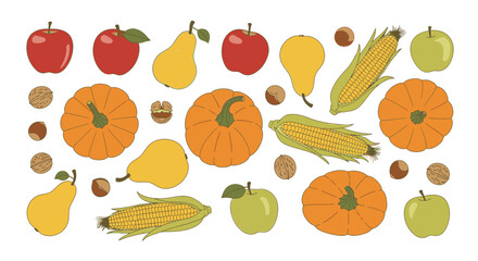 A vibrant illustration showcasing a collection of autumn harvest fruits and vegetables, perfect for seasonal themes.
