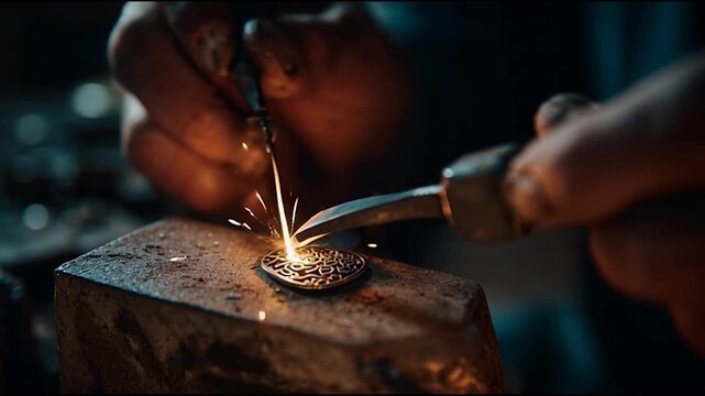 Crafting intricate jewelry with focused precision, a master artisan's hands shaping precious metal in a mesmerizing display of skill and artistry