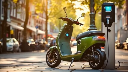 A green electric scooter parked at a charging station on a sunny urban street, showcasing sustainable urban mobility