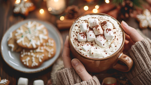 Cozy Hands Holding Hot Chocolate with Marshmallows and Christmas Cookies. - Powered by Adobe