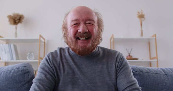 Cheerful senior man sitting on couch, speaking with enthusiasm and actively gesturing with hands during online video call. Smiling pensioner greeting interlocutor and enjoying lively communication.
