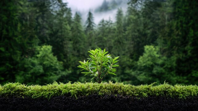 A small, vibrant green sapling emerges from rich dark soil covered in lush moss, set against a blurred backdrop of a dense, misty coniferous forest.