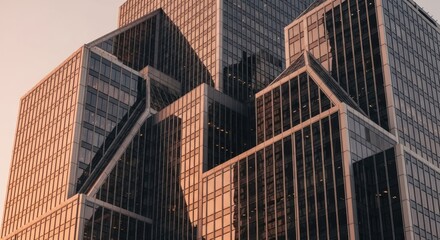 Angular glass skyscrapers with geometric facades reflecting the warm golden light of sunset.