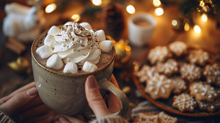 Cozy Hands Holding Hot Chocolate with Marshmallows and Christmas Cookies.