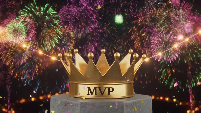 A golden MVP crown sits on a winner's pedestal, illuminated by a spectacular fireworks display and falling confetti, celebrating exceptional achievement and ultimate victory