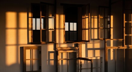 Assortment of old wooden windows casting geometric shadows on a wall in warm golden hour light.
