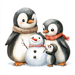 Fototapeta premium a cute Penguin family building a snowman