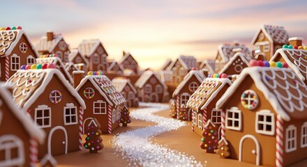 A festive gingerbread village with decorated houses, candy details, and a snowy path under a warm sunset sky.