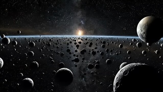 Vast asteroid field floating in deep outer space environment. Space concept