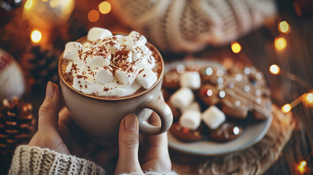 Cozy Hands Holding Hot Chocolate with Marshmallows and Christmas Cookies.