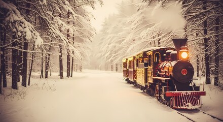 Steam locomotive traveling through a snow-covered forest in winter