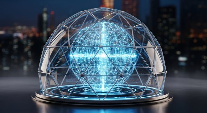 Glowing blue sphere inside a wireframe
