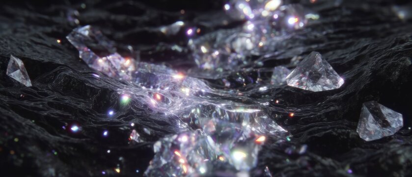 Rough uncut diamonds glittering in dark textured mineral ore with scattered colorful bokeh lights