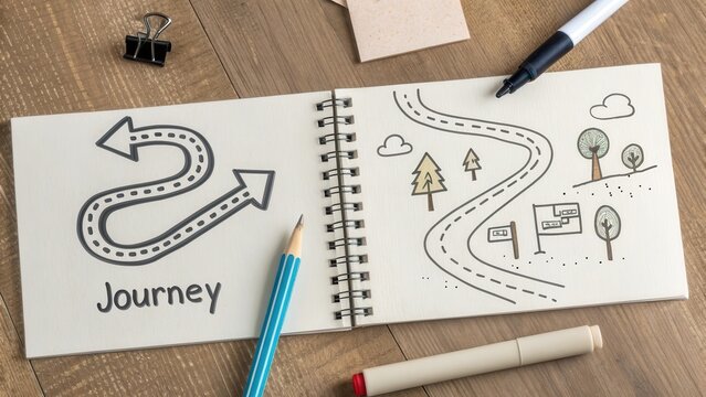 Doodled pathways in a sketchbook representing journey concepts