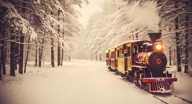 Steam locomotive traveling through a snow-covered forest in winter - Powered by Adobe
