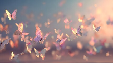 Numerous pale butterflies ascend through soft, diffused light during twilight hours