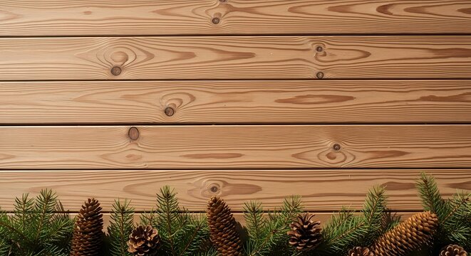 Wooden plank background with pine branches and cones at the bottom
