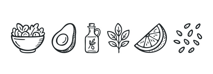 Simple line drawings of salad ingredients like greens avocado olive oil herbs lemon and seeds a great visual for food blogs healthy eating and recipe content.