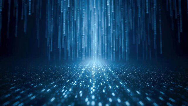Abstract data stream digital background blue light glow dots bokeh futuristic technology cyber network matrix neon shimmer gradient blur depth perspective motion speed flow code pattern virtual grid