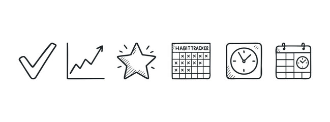 Collection of simple handdrawn icons symbolizing achievements, progress, habit tracking, and time awareness, perfect for planning and organization concepts.