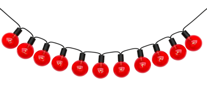 String of ten bright red globe light bulbs on a black wire, isolated on transparent background for easy editing and design use