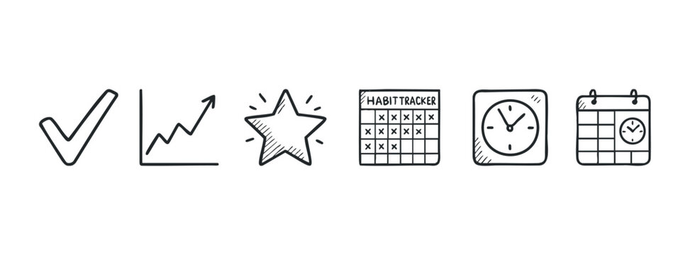 Collection of simple handdrawn icons symbolizing achievements, progress, habit tracking, and time awareness, perfect for planning and organization concepts.