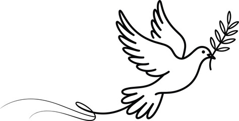Obraz premium Black outline dove with olive branch flying bird peace