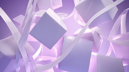 Three dimensional geometric forms and flowing ribbons suspended in soft violet illumination