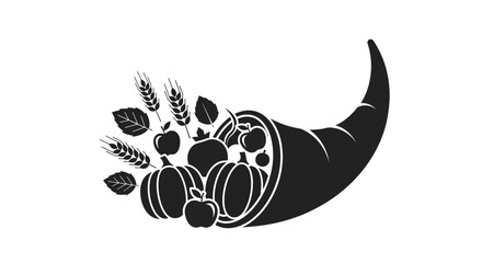 A black silhouette of a cornucopia filled with autumn harvest produce like pumpkins, apples, leaves, and wheat.