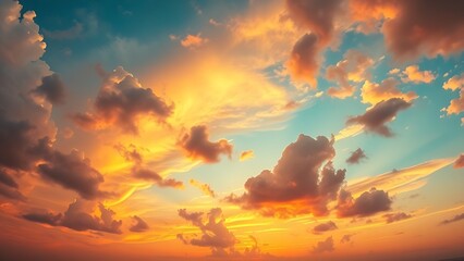 Dramatic sunrise and sunset sky with vibrant clouds, showcasing warm and cool color contrasts in a panoramic view.