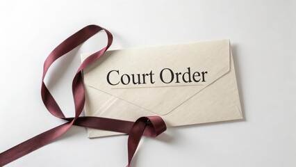 Envelope labeled Court Order tied with ribbon on white surface
