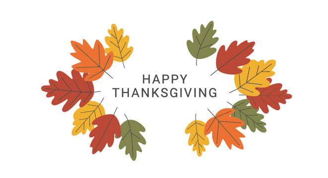 Thanksgiving greeting card with colorful autumn leaves arranged in a circle.