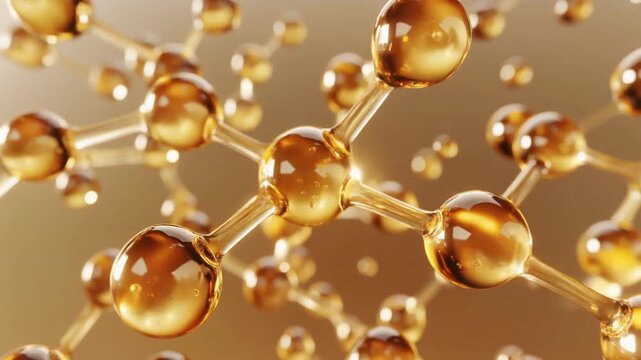 ゴールドの美容オイル成分　分子の微細ダイナミクスを可視化したジェル状カプセルのスキンケア科学映像 ジェネレーティブAI