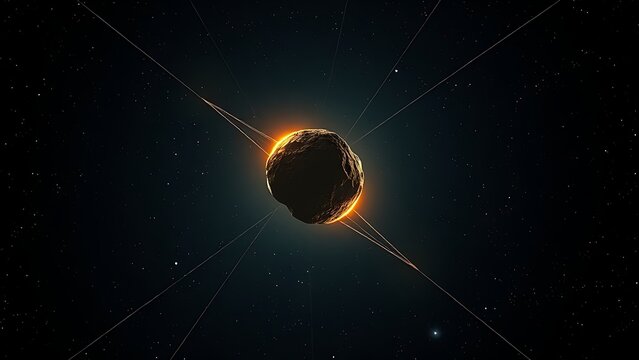 A lone glowing interstellar rock drifting through a starfield with unusual trajectory lines, suggesting cosmic motion.
