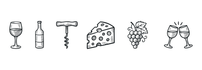 Set of sketched symbols for wine tasting and celebration. Ideal for menus, invitations, and digital media related to food and beverage enjoyment.