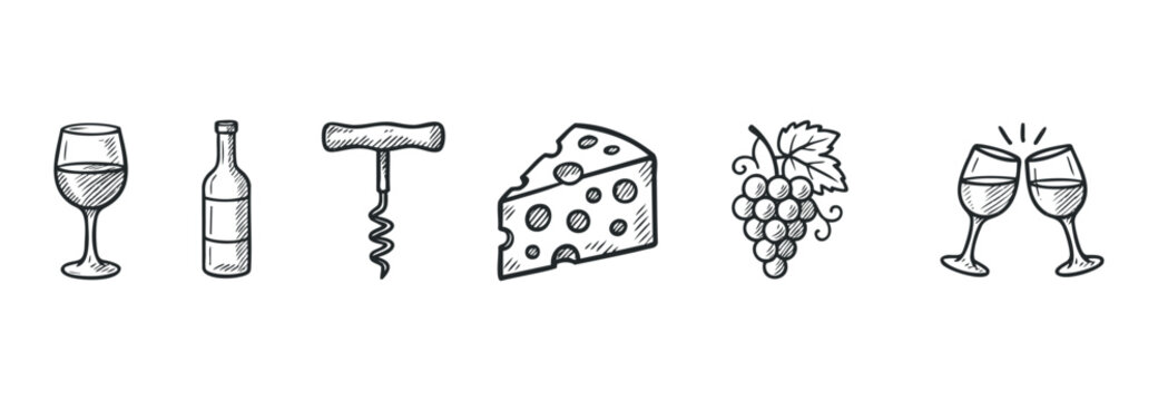 Set of sketched symbols for wine tasting and celebration. Ideal for menus, invitations, and digital media related to food and beverage enjoyment.