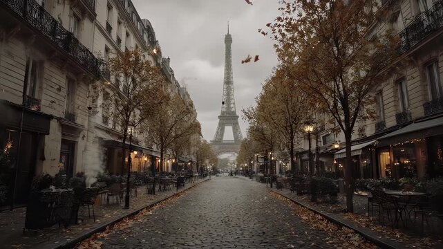 Paris street view, Eiffel Tower in distance