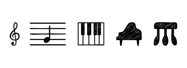 Collection of simple, sketched music icons such as a treble clef, staff, piano keys, grand piano, and pedals, ideal for educational materials or promotional content.