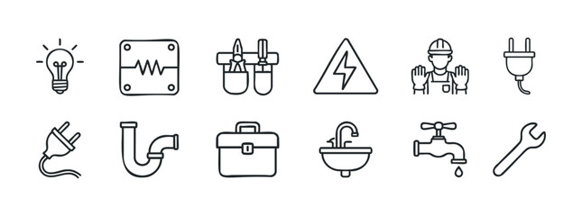 Set of line art icons representing various repair and maintenance professions and tools. Ideal for websites, manuals, and service industry promotions.