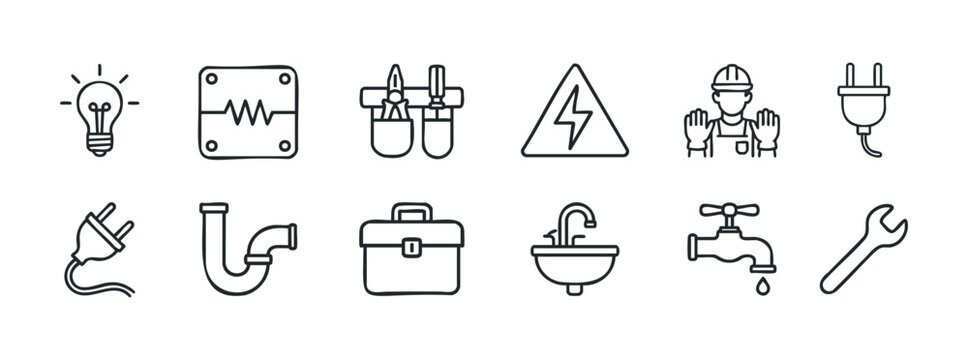 Set of line art icons representing various repair and maintenance professions and tools. Ideal for websites, manuals, and service industry promotions.