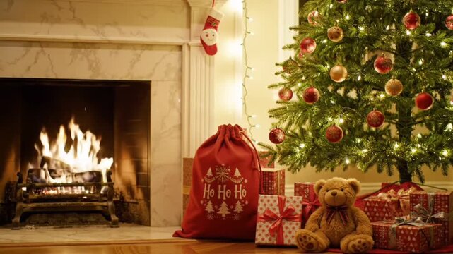 Christmas scene with tree and fire in background