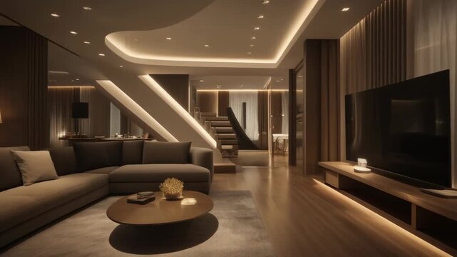 Luxurious hotel lobby with golden lighting, seating area and wide staircase.