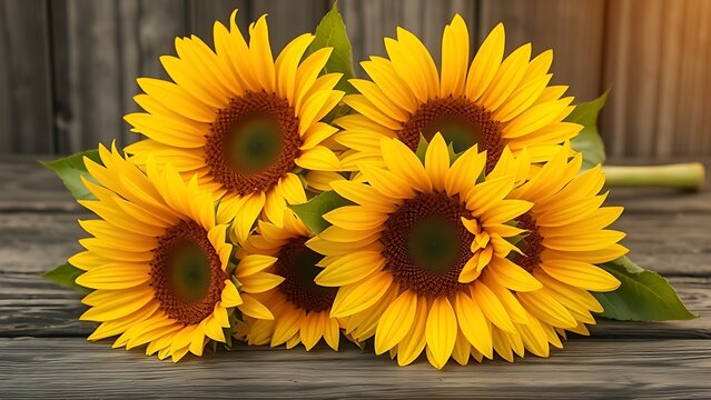 Sunflowers on a rustic wooden surface, warm golden hour light enhancing their natural beauty.