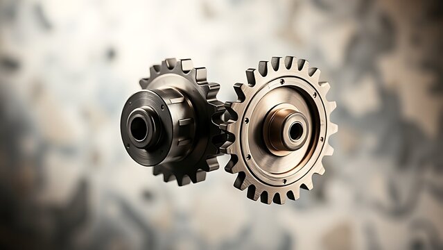 Business automation concept featuring an interlocking gear mechanism in metallic finish against an abstract background.