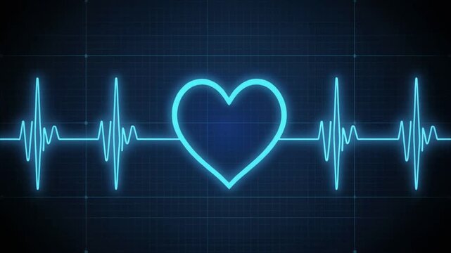 A vibrant glowing blue heart pulsates vividly, centrally displayed on a dynamic electrocardiogram, symbolizing the swift, continuous flow of life's rhythm and essential health