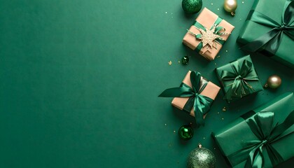 Decorative Christmas gift box presents and ornaments neatly arranged on the green background