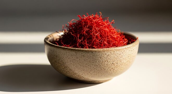 Premium vibrant red saffron threads in rustic ceramic bowl, culinary ingredient